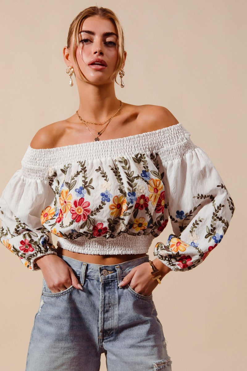 Frida Floral Embroidered Off-Shoulder Boho Top