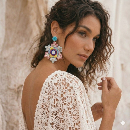 Deepa Gurnani Ari Mirror Tile Boho Floral Earrings