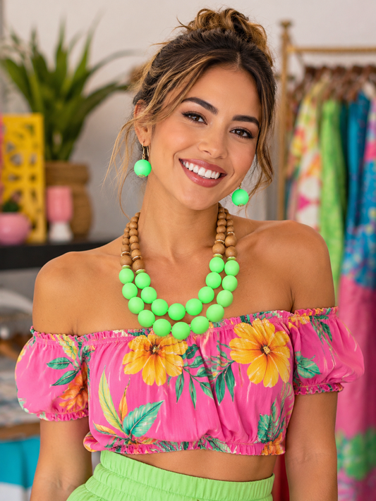 Wooden Bead Double Strand Neon Statement Necklace Set