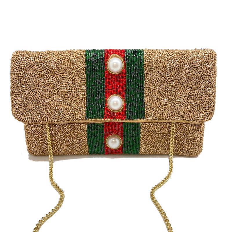 Red Green Striped Gold Beaded Clutch Bag