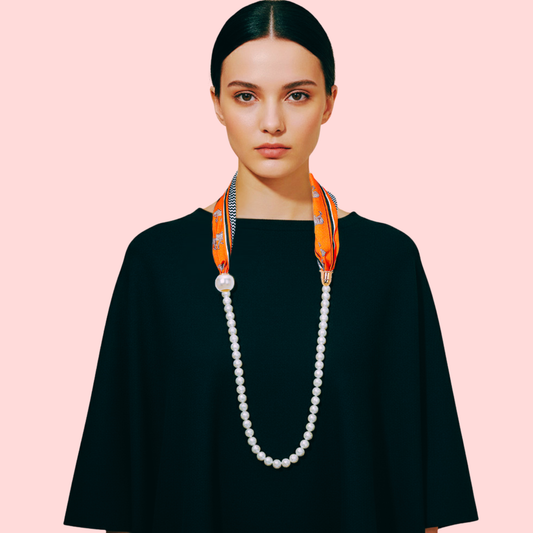 Pattern Print Fabric Scarf Pearl Necklace