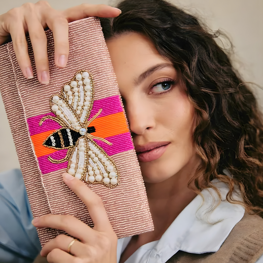 Pearl Winged Bee Striped Seed Beaded Crossbody Clutch Handbag