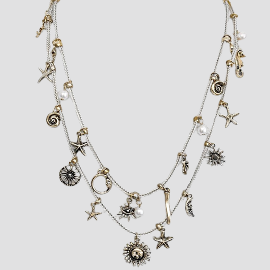 LoveCalliope 2-Tier Gold Silver Sea Sun Star Charm Necklace