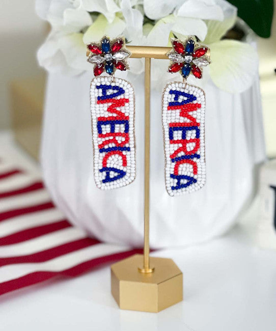 America Patriotic Flag 4th of July Beaded Earrings