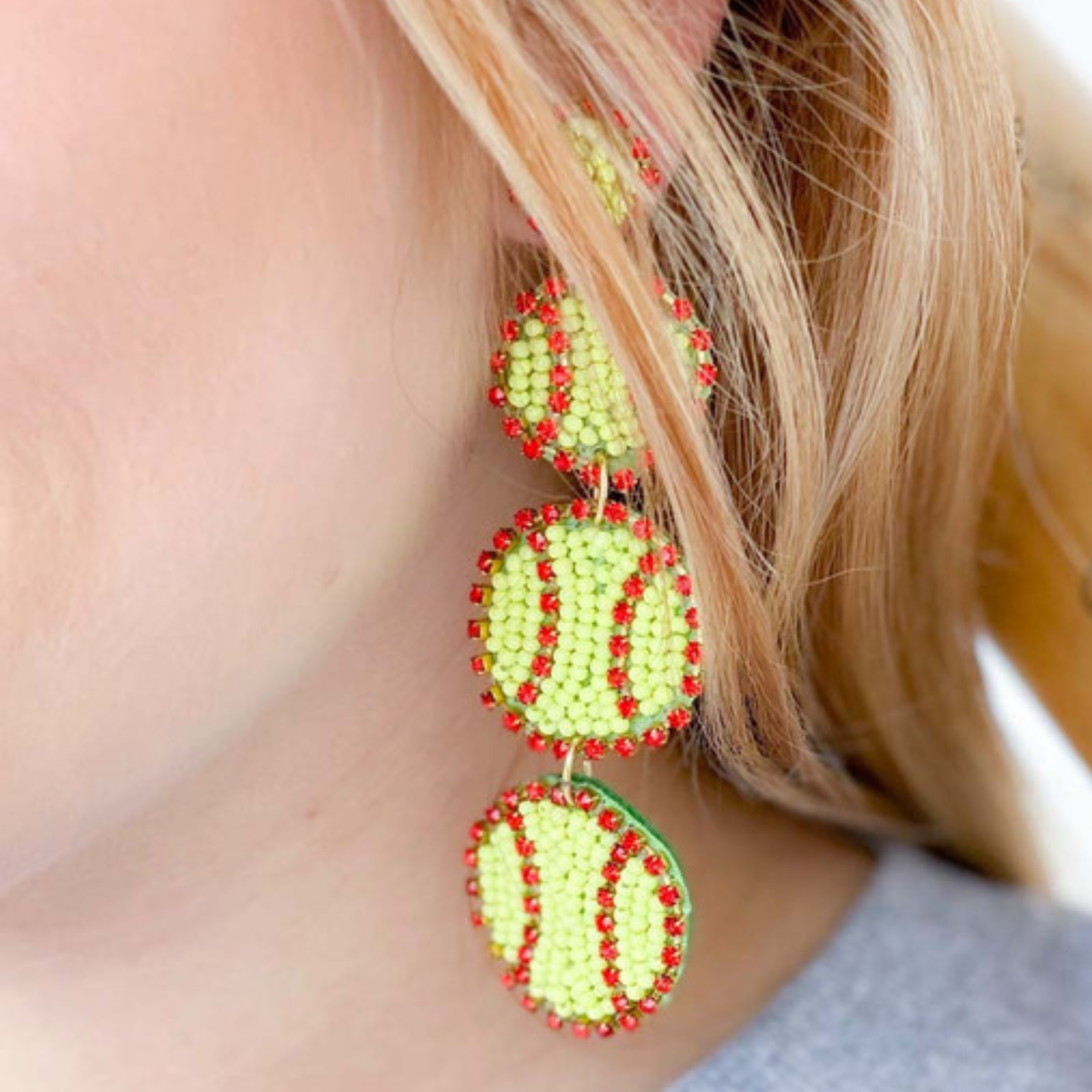 Softball Beaded Rhinestone 3-Tier Dangle Earrings