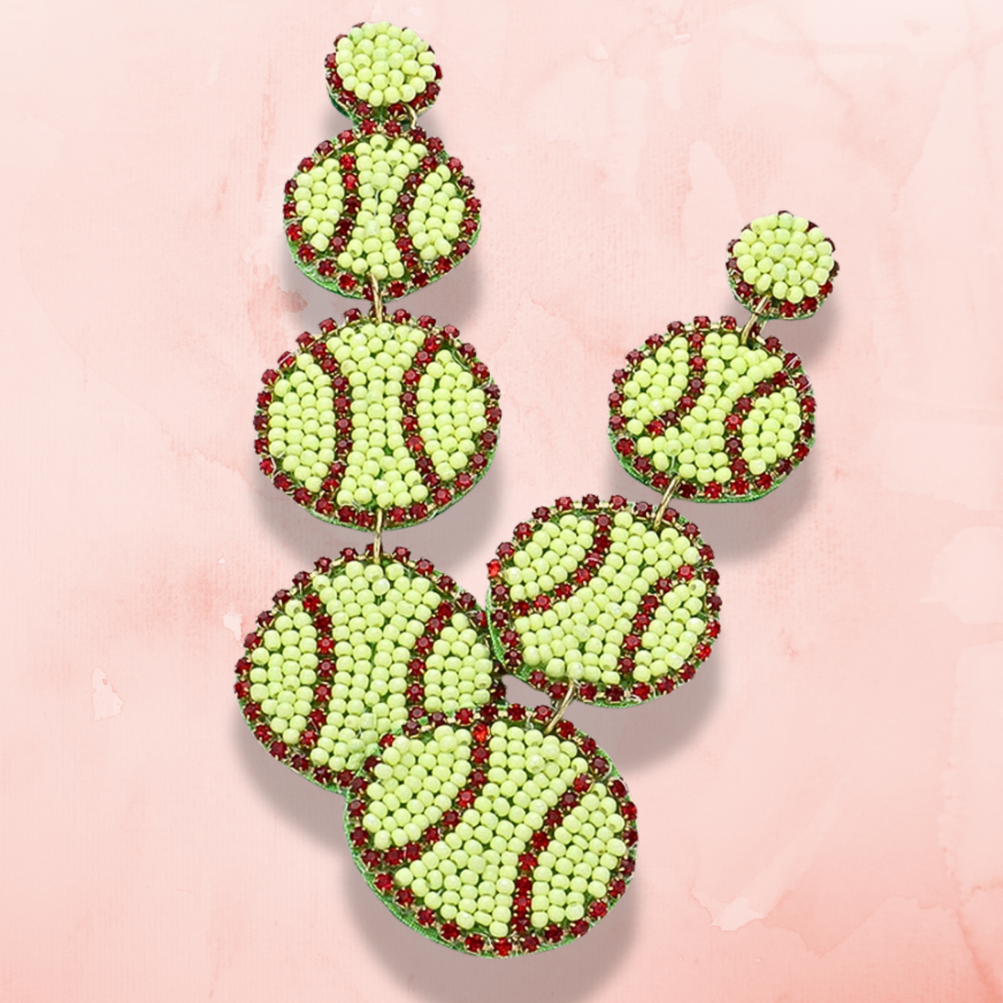 Softball Beaded Rhinestone 3-Tier Dangle Earrings