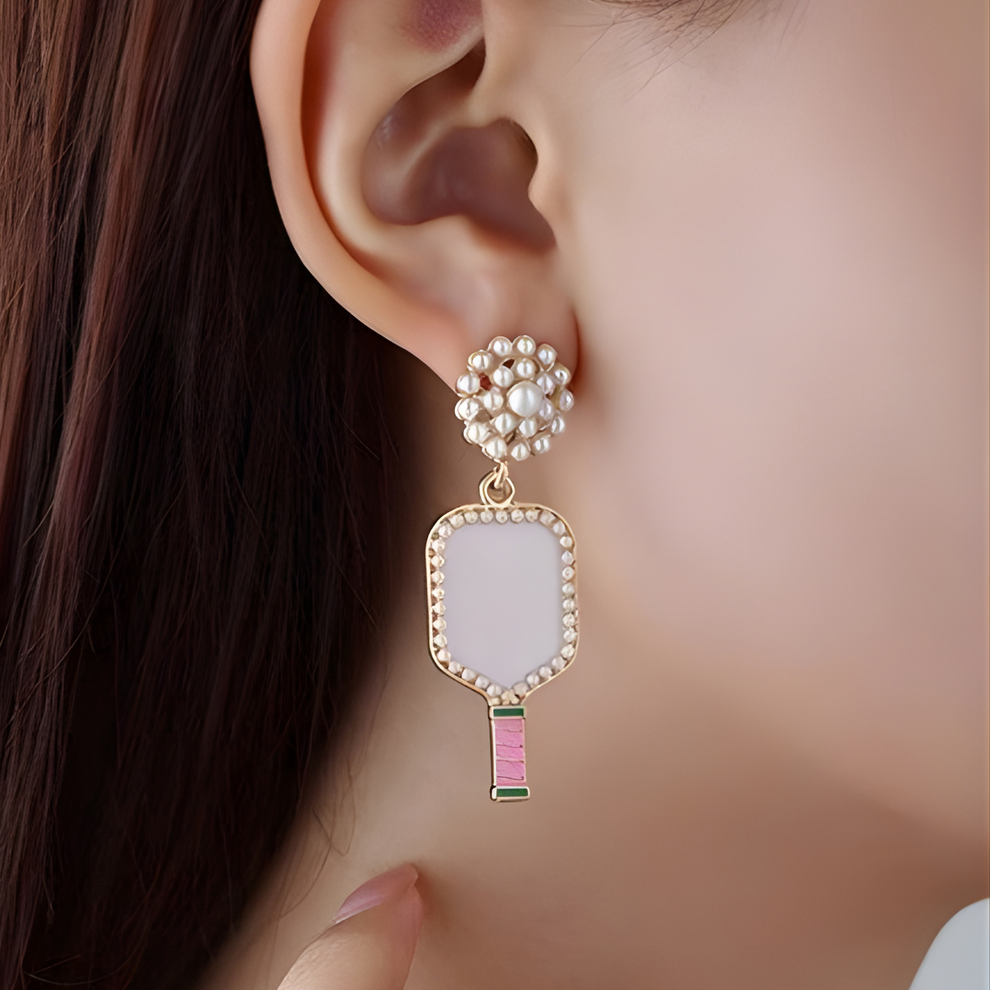 Pink Pearl Accent Pickleball Players Paddle Earrings