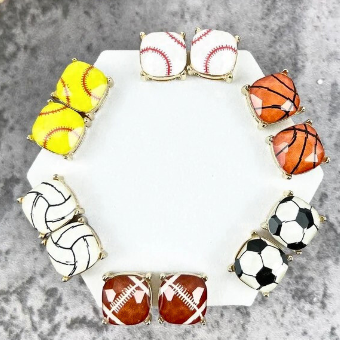 Cushion Cut Glass Bead Soccer Gold Stud Earrings