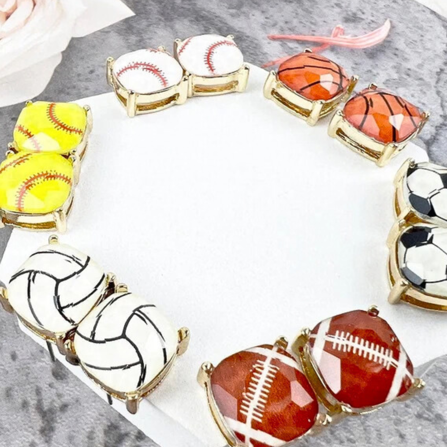 Cushion Cut Glass Bead Soccer Gold Stud Earrings