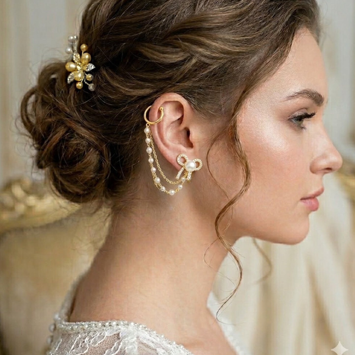 Wrapped in a Bow Gold Pearl Ear Cuff