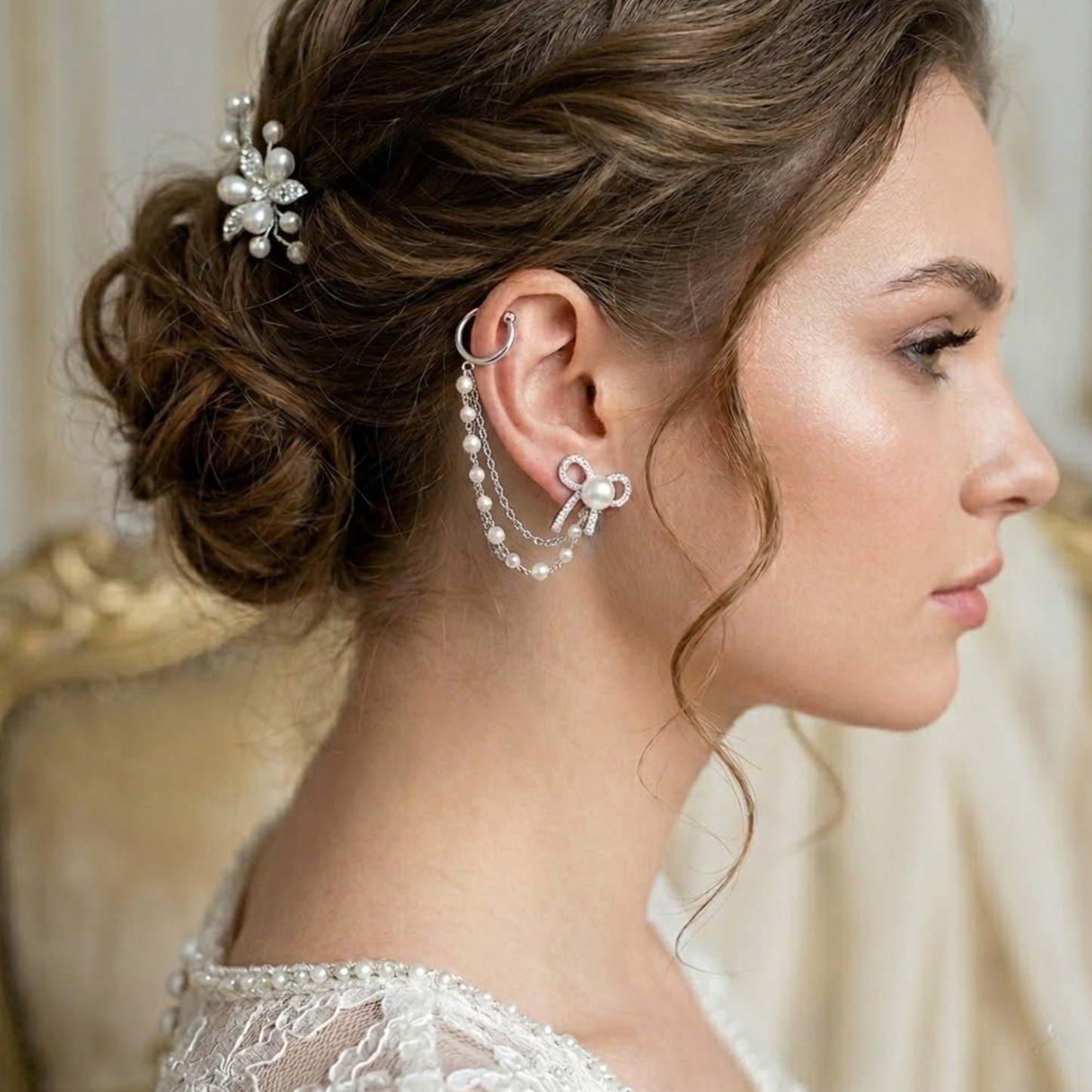 Wrapped in a Bow White Gold Pearl Ear Cuff