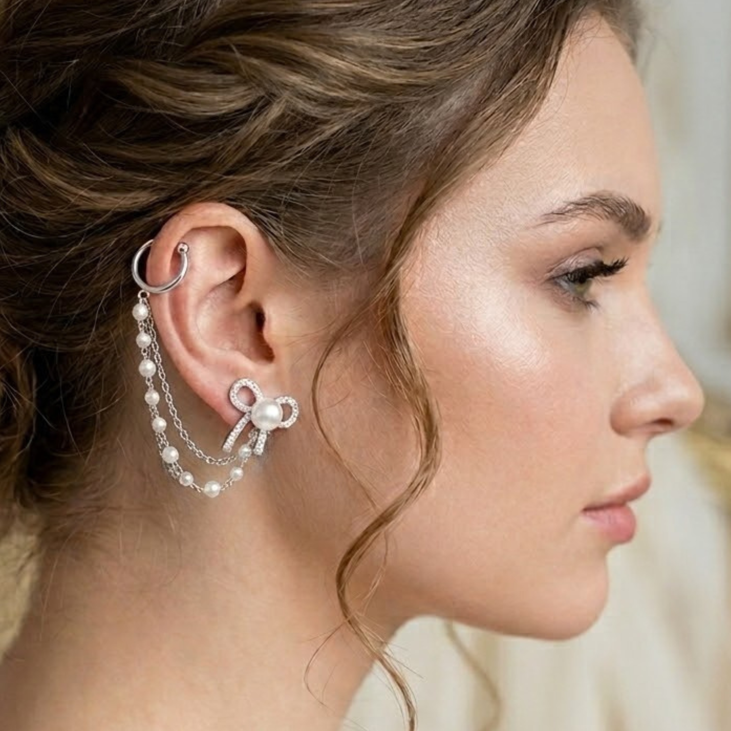 Wrapped in a Bow White Gold Pearl Ear Cuff