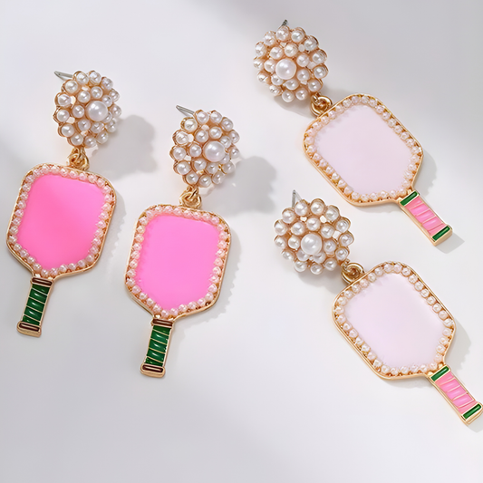 Pink Pearl Accent Pickleball Players Paddle Earrings