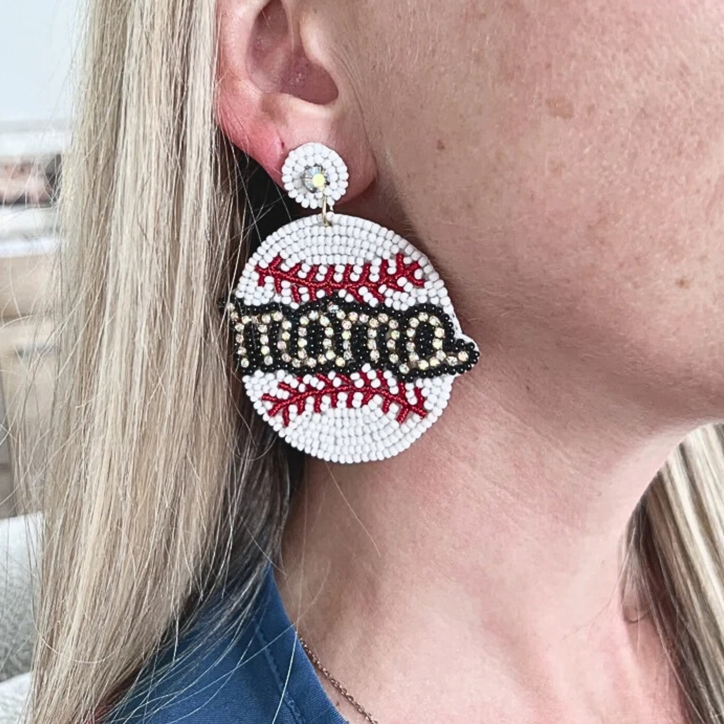 Baseball MAMA Seed Bead Rhinestone Sports Theme Earrings