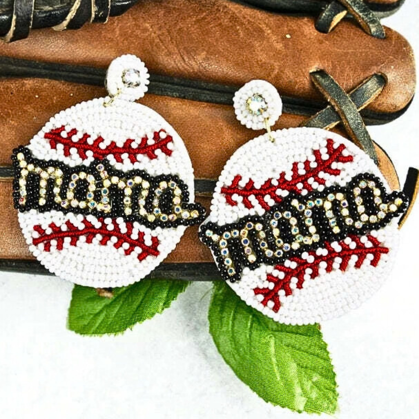 Baseball MAMA Seed Bead Rhinestone Sports Theme Earrings