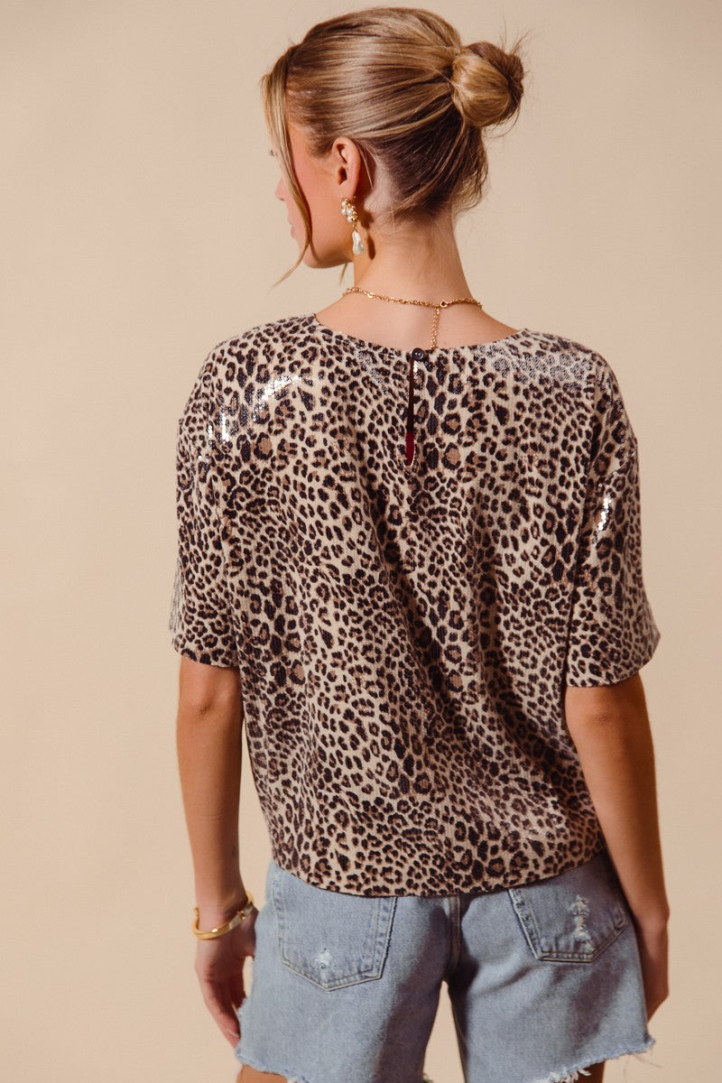 Shana Leopard Animal Print Sequin Sparkle Top