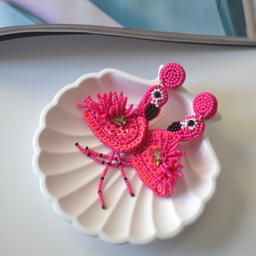 Fuchsia Pink Flamingo Beaded Crystal Jeweled Dangle Earrings