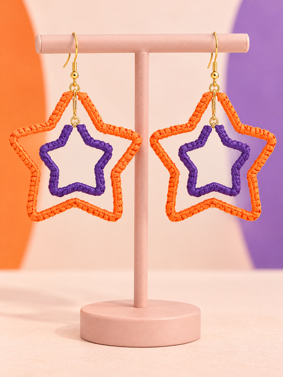 Pendientes de estrella de rafia naranjas y morados de los Clemson Tigers de fútbol americano universitario