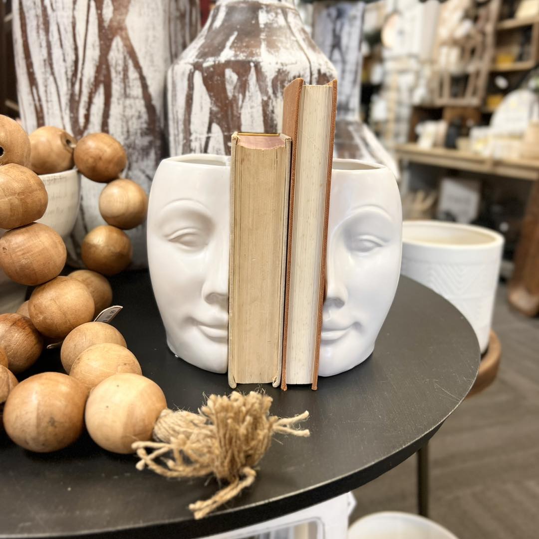 Set of 2 Stoneware Face Vases Bookends
