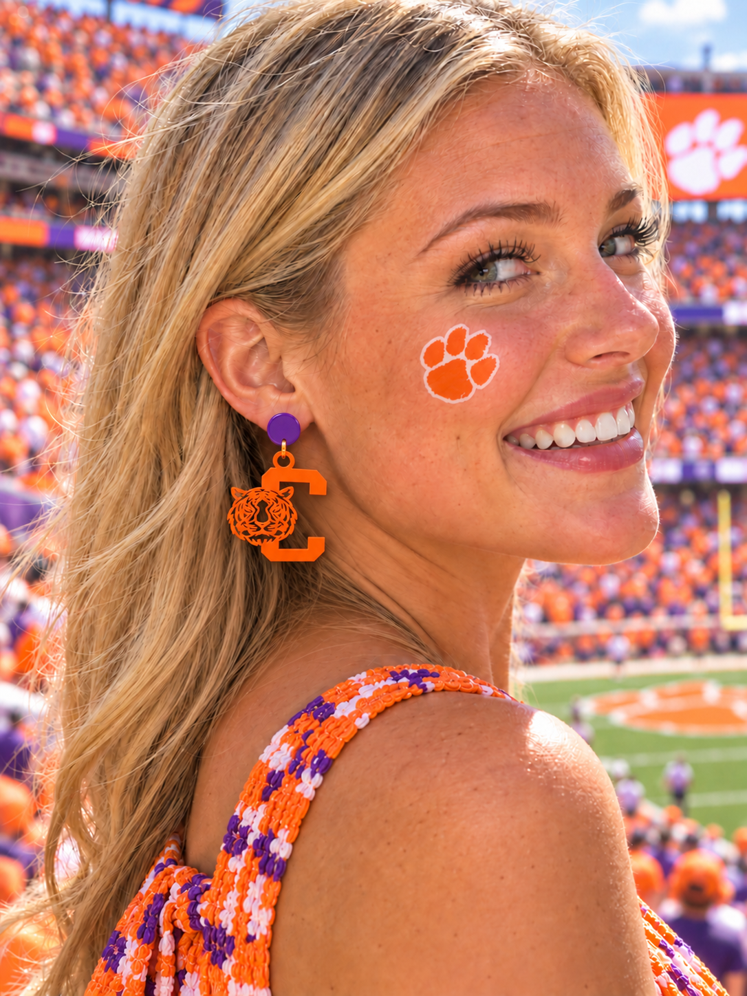 Clemson Tigers Football Acrylic Orange Purple Earrings