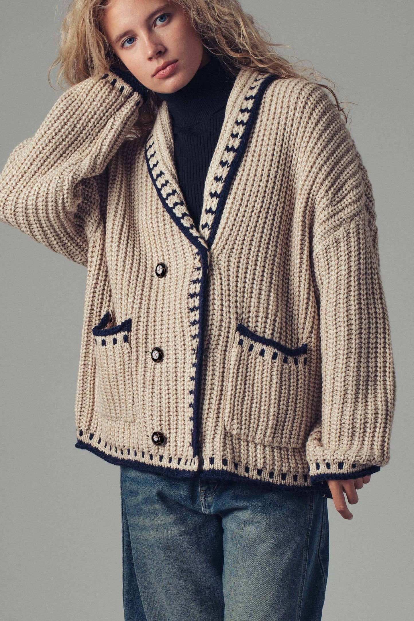 Academia Core Oversized Contrast Stitch Cardigan Sweater
