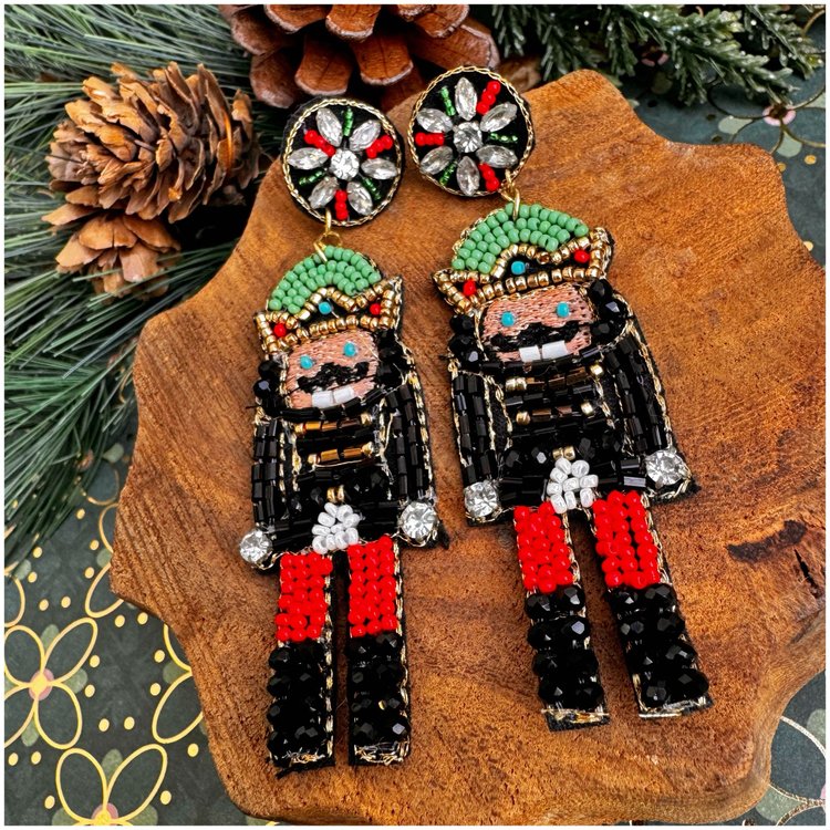 Crystal Nutcracker Christmas Seed Beaded Holiday Earrings