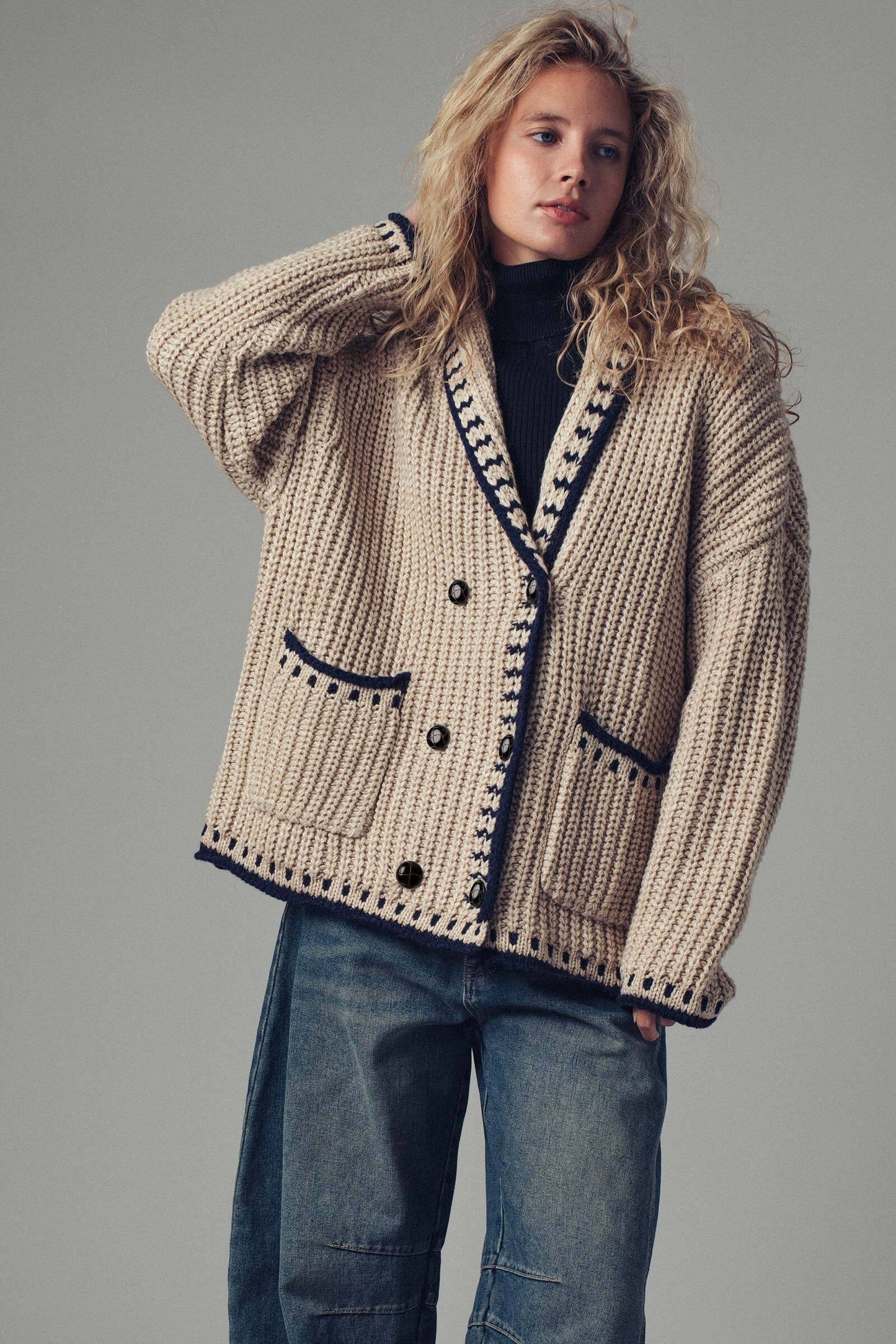 Academia Core Oversized Contrast Stitch Cardigan Sweater
