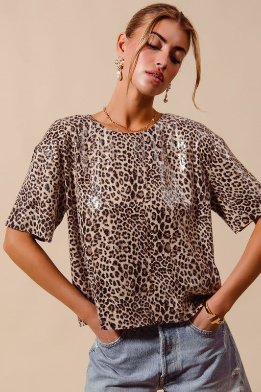 Shana Leopard Animal Print Sequin Sparkle Top