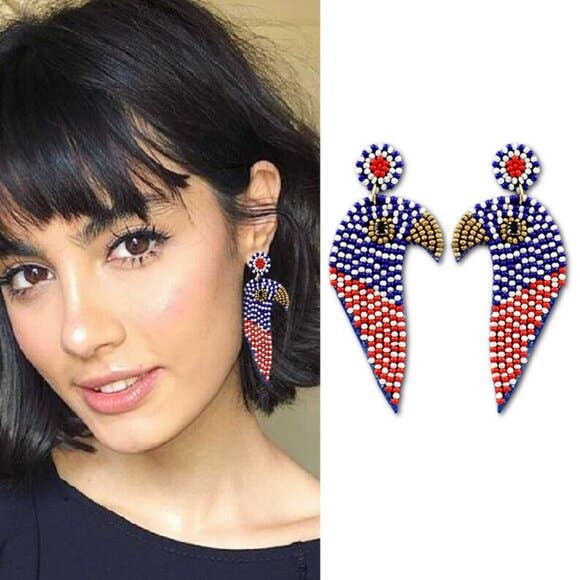 Patriotic Red White Blue Parrot Beaded Earrings