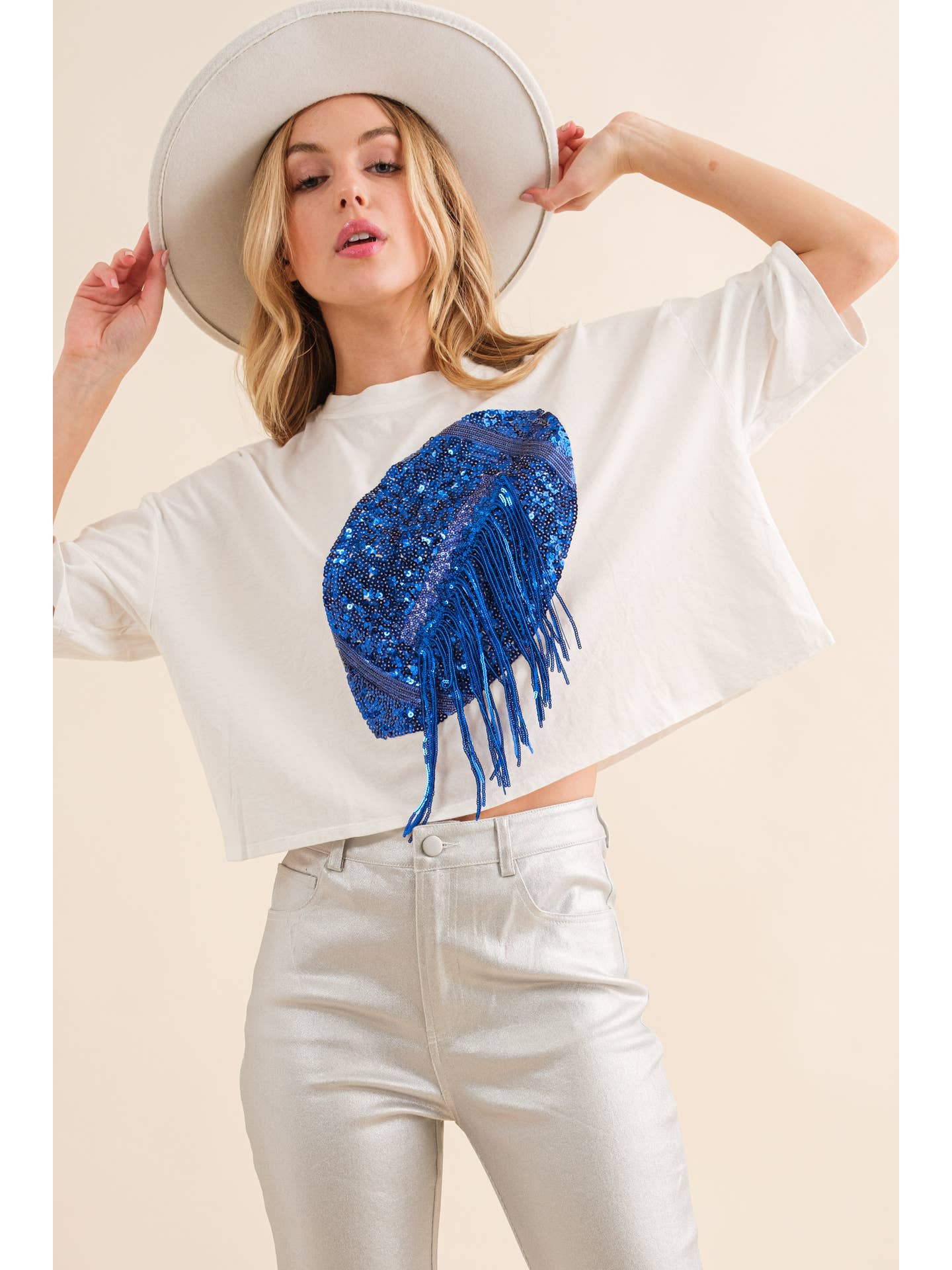 Football Kentucky Blue White Sequin Fringe Crop Top