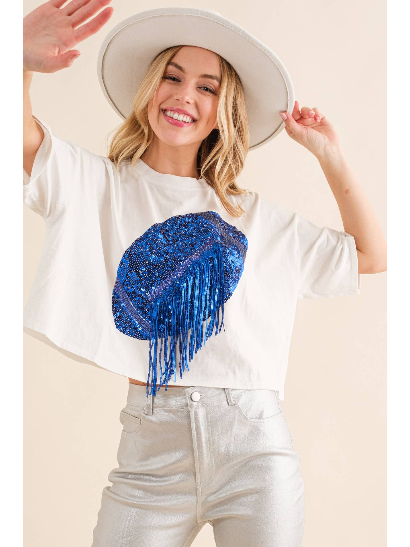 Football Kentucky Blue White Sequin Fringe Crop Top
