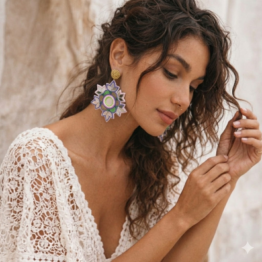 Deepa Gurnani Ari Mirror Tile Boho Flower Earrings
