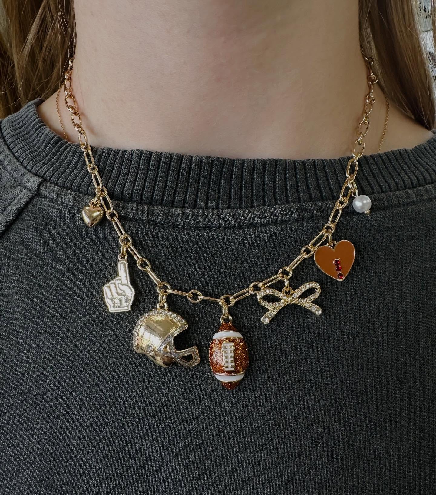 Football Fan Bow Heart Pearl Charm Necklace