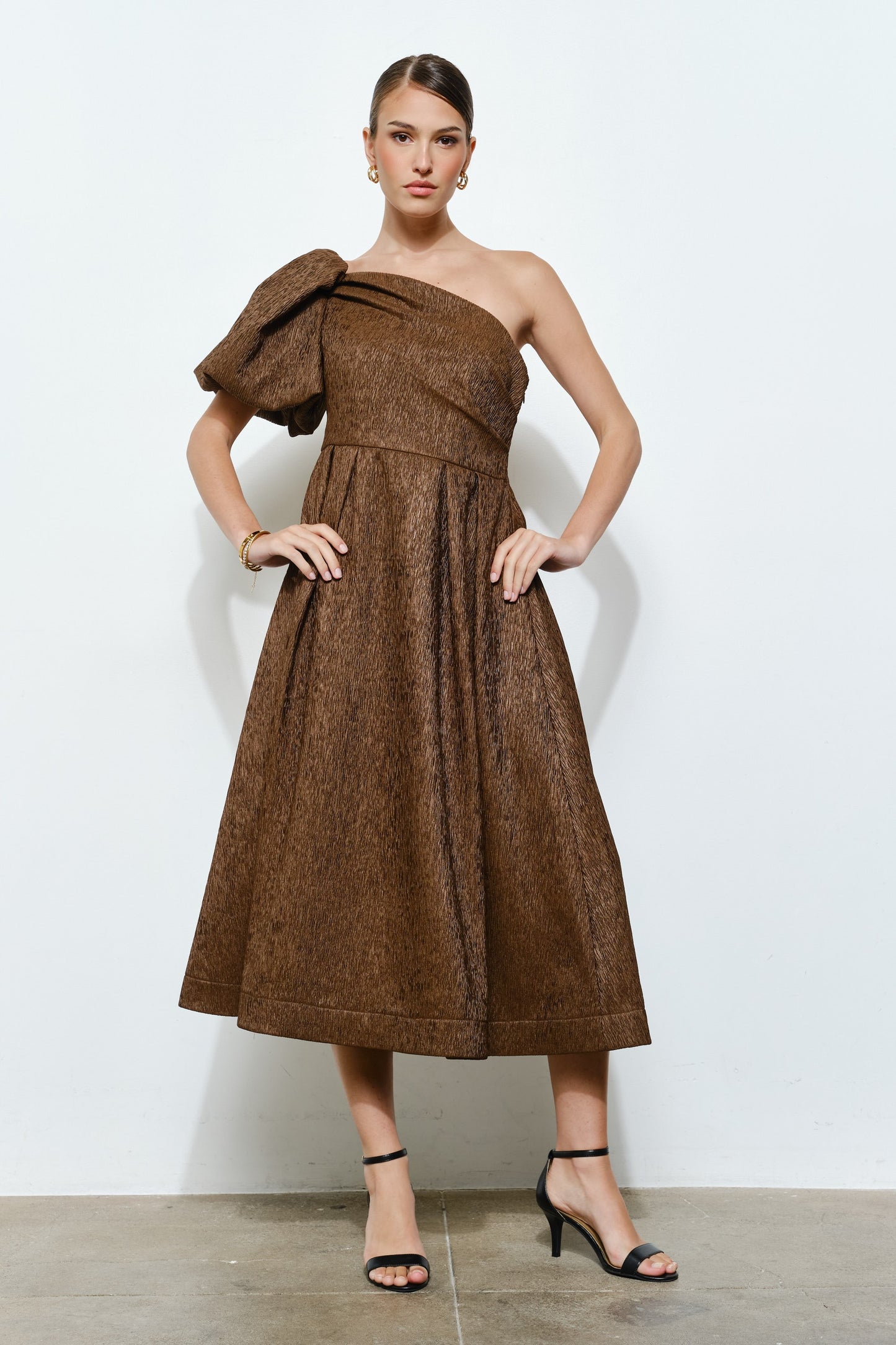 Inez Puff-Sleeve Textured Party Dress