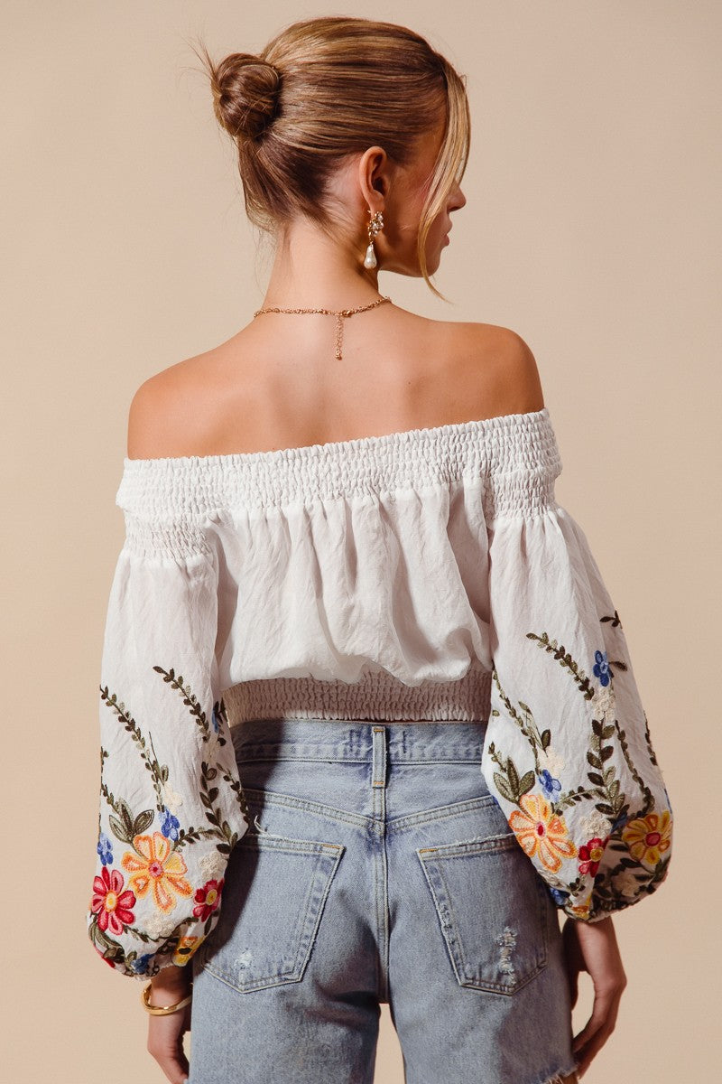 Frida Floral Embroidered Off-Shoulder Boho Top