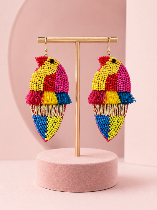 Tropical Bird Beaded Fringe Resort Earrings