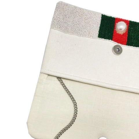 Red Green Striped White Beaded Clutch Bag