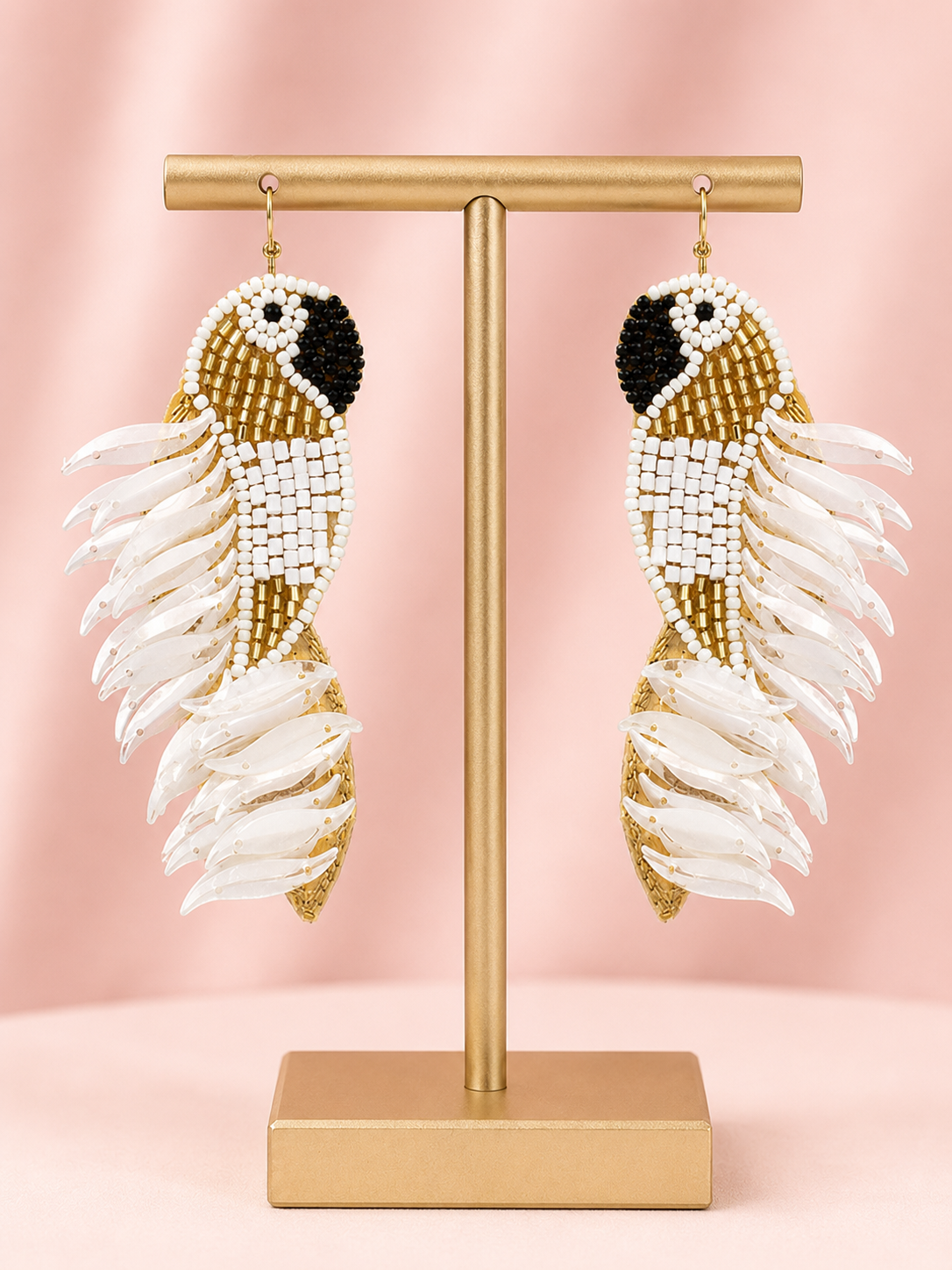 Tropical Parrot Sequin Feather White Beaded Earrings