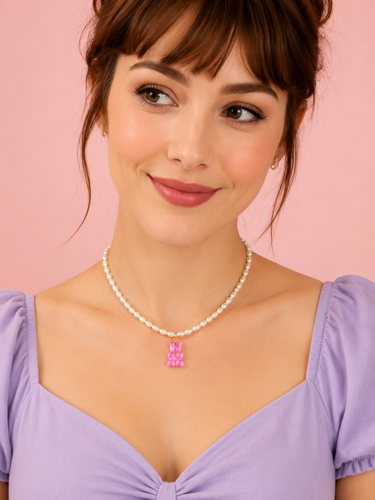Delicate Gummy Bear Pendant Pearl Necklace
