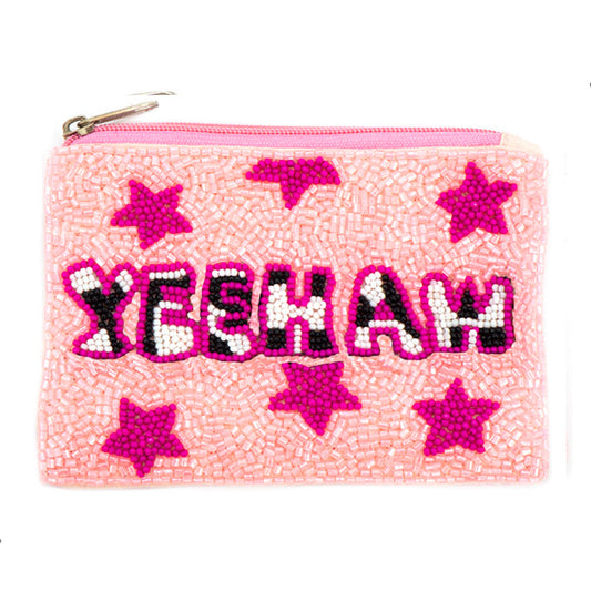 YEEHAW Pink Cowgirl Beaded Coin Money Pouch Bag