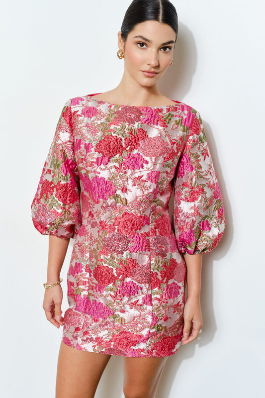 Pink Peony Petals Jacquard Mini Dress