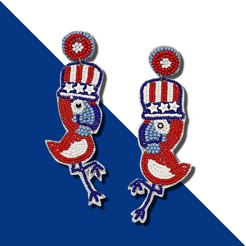 Flamingo Uncle Sam USA 4th of July Beaded Earrings
