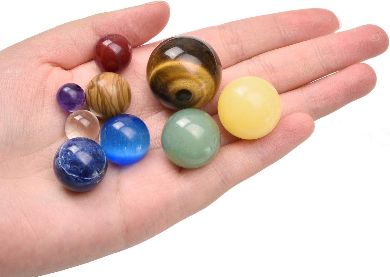 Solar System 9 Planets Natural Gemstones in Wooden Stand