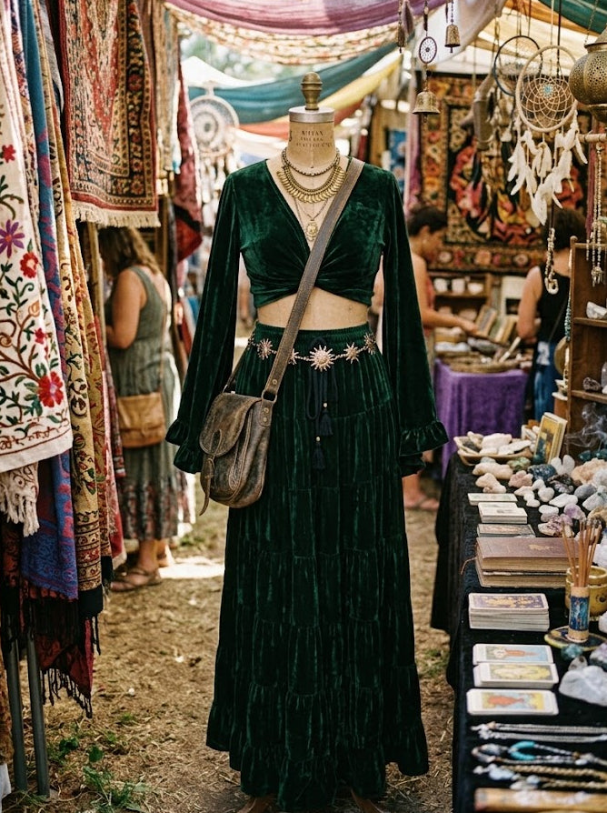 Moon Goddess Bell Sleeve Green Velvet Boho Top & Skirt Set