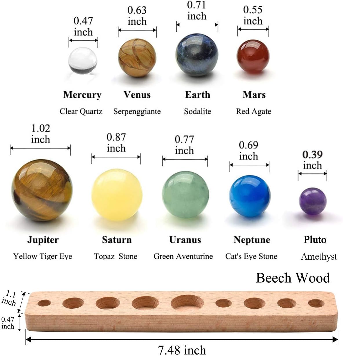 Solar System 9 Planets Natural Gemstones in Wooden Stand