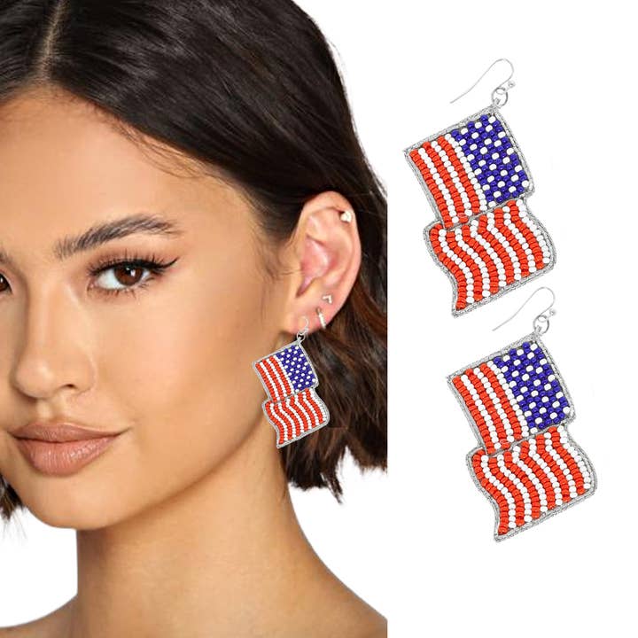 Patriotic American Flag USA Beaded Earrings