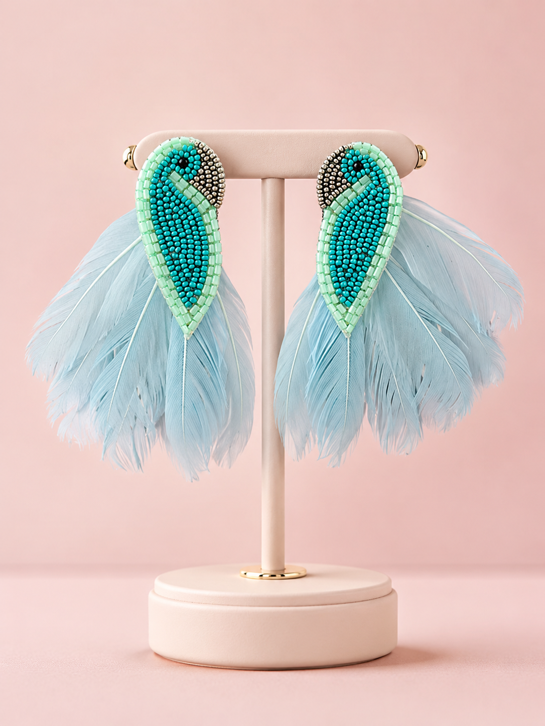 Turquoise Parrot Feathered Beaded Resort Earrings