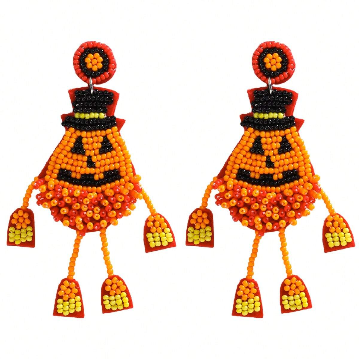 Beaded Dancing Pumpkin Patch Man Halloween Earrings