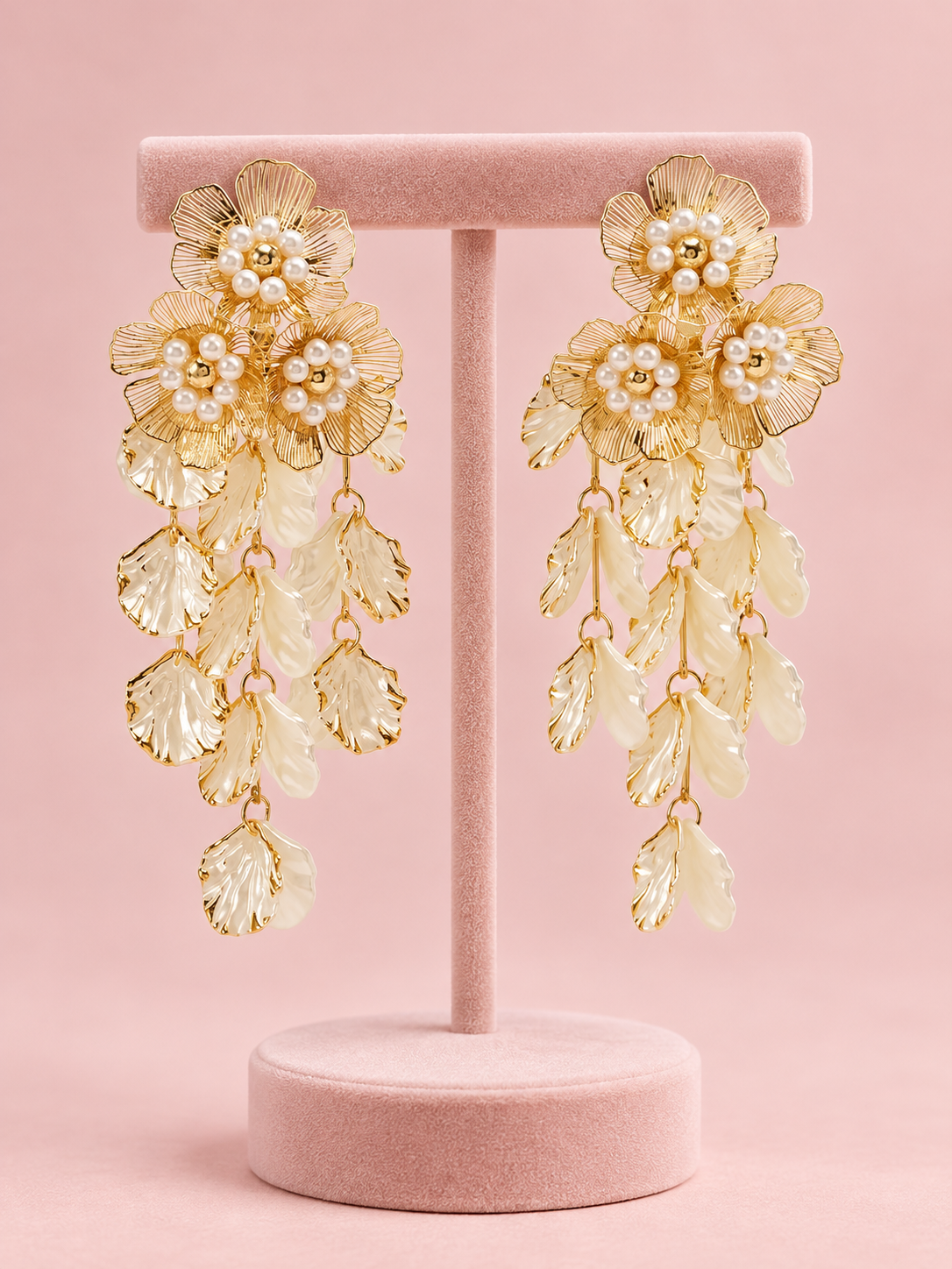 Waterfall Petals Pearls Long Floral Earrings