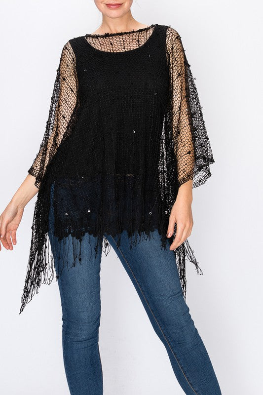 Nylah Metallic Sparkle Print Boho Festival Mesh Top in Black